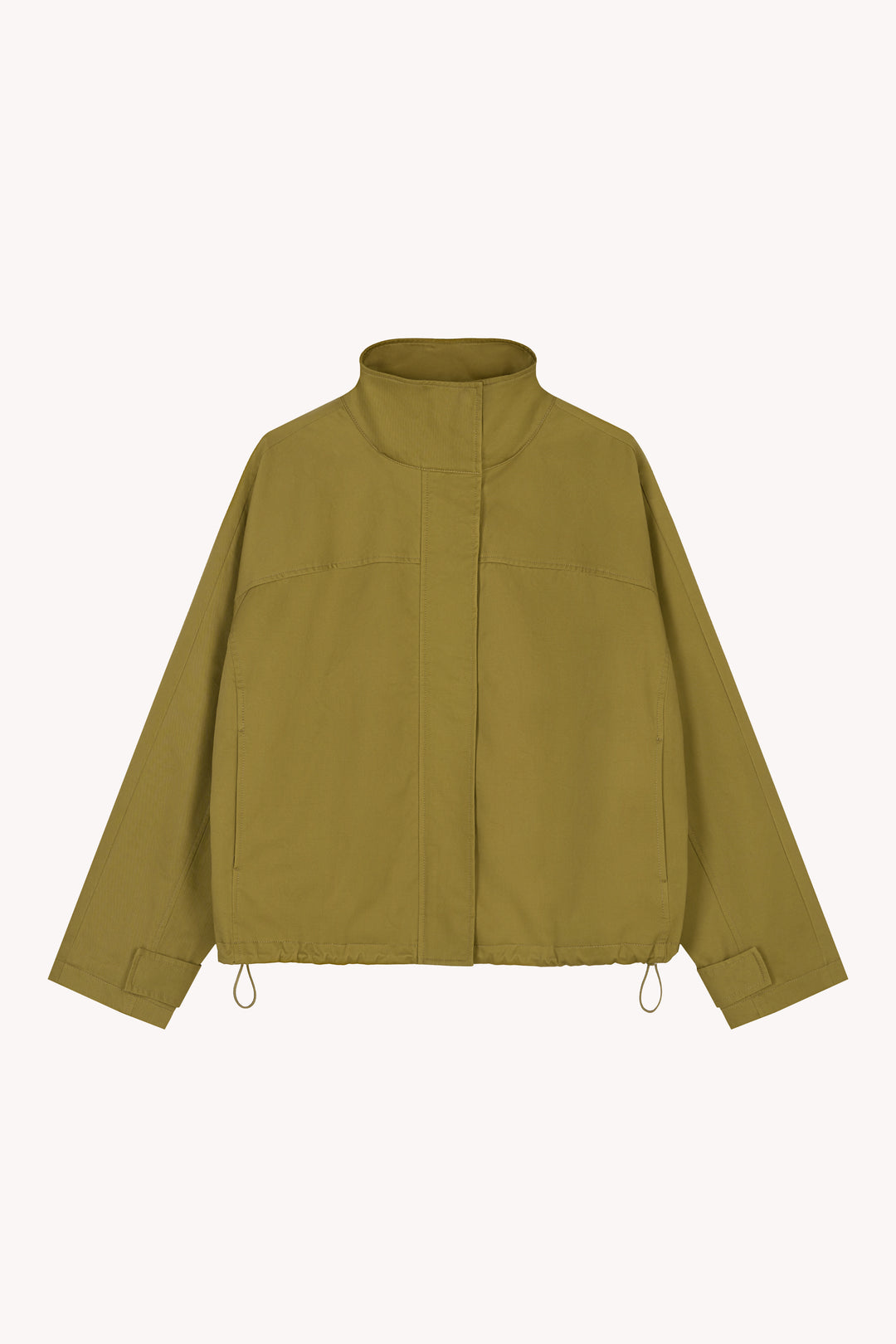 Blouson Jacke mit Stehkragen und weiten Ärmeln in hellem Oliv.