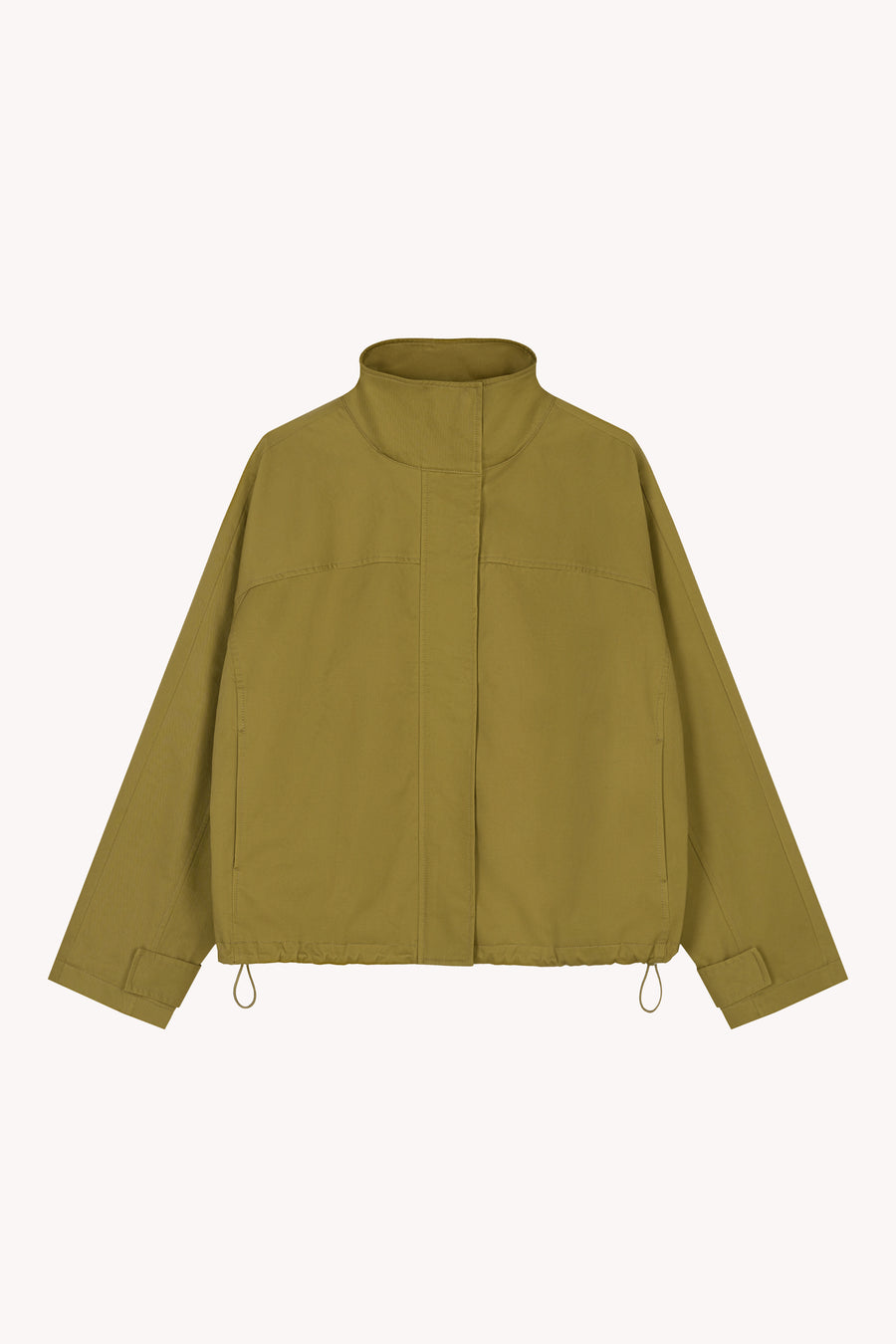 Blouson Jacke mit Stehkragen und weiten Ärmeln in hellem Oliv.
