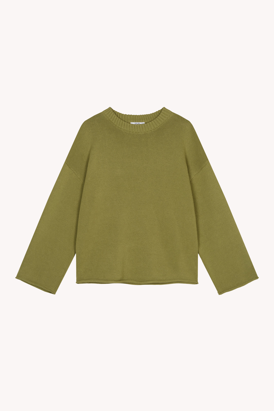 Lässiger oversized Strick Pullover mit Crew Neck und weiten Ärmeln aus 100% Baumwolle in hellem Oliv Khaki.