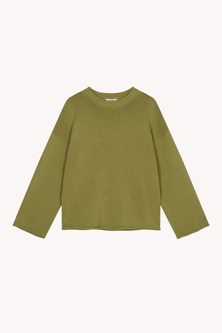 Lässiger oversized Strick Pullover mit Crew Neck und weiten Ärmeln aus 100% Baumwolle in hellem Oliv Khaki.