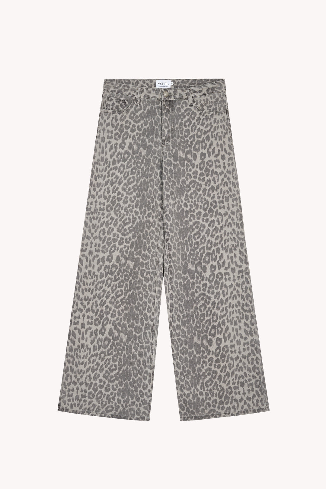 Graue Jeans mit Leo-Print und weitem Bein.