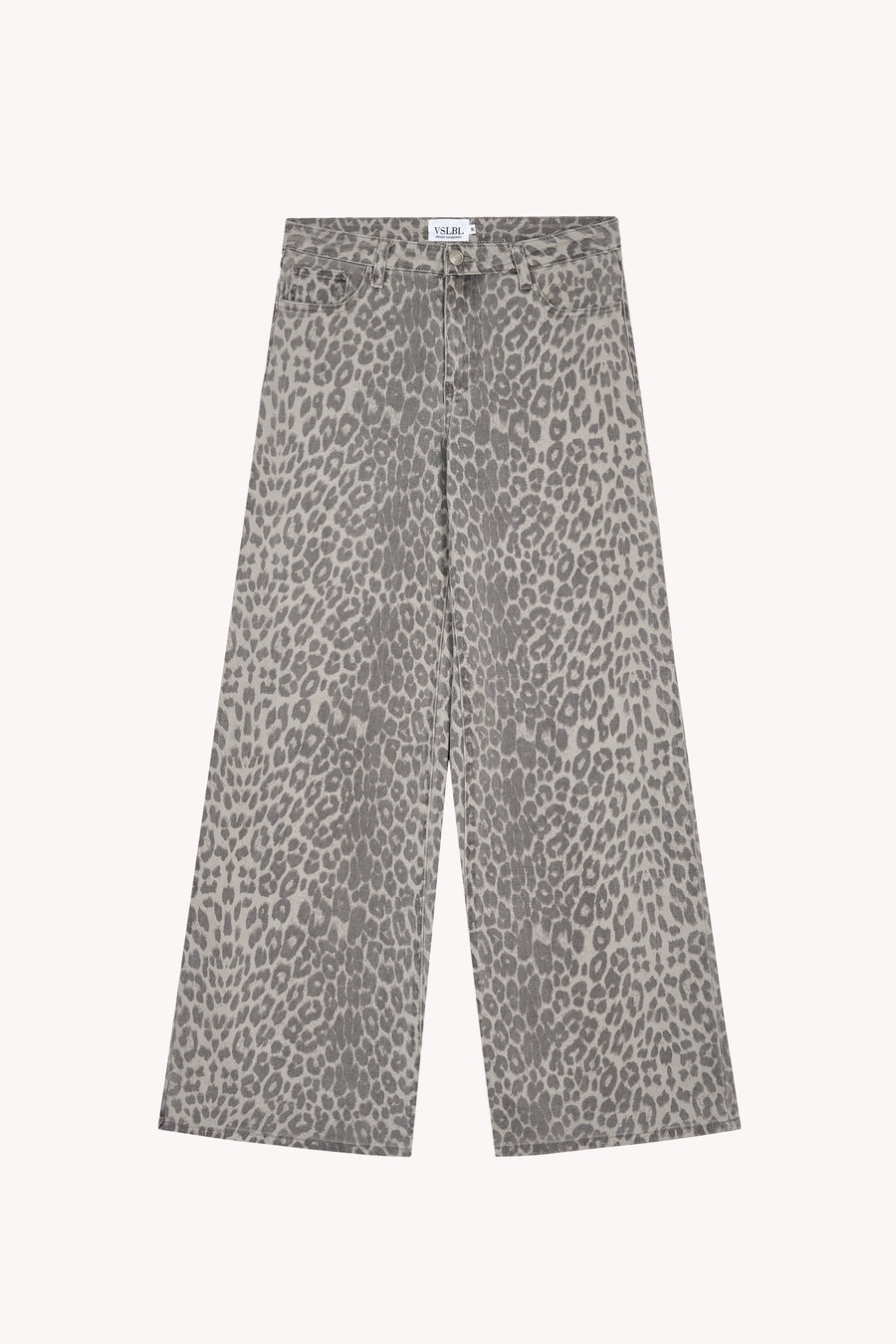 Graue Jeans mit Leo-Print und weitem Bein.